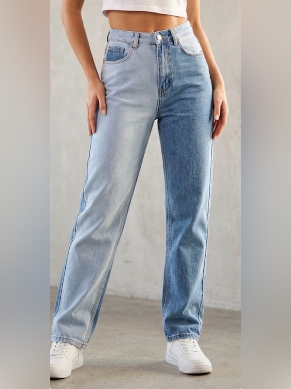 Boohoo Two-Tone Light and Mid Blue Straight Leg Jeans